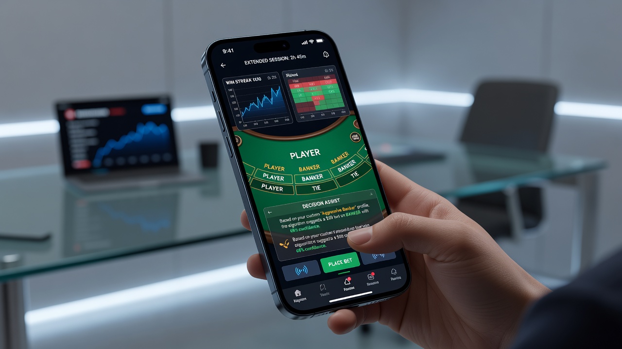 Close-up of customized baccarat mobile screen with adjusted button sizes and active statistics overlay during long session